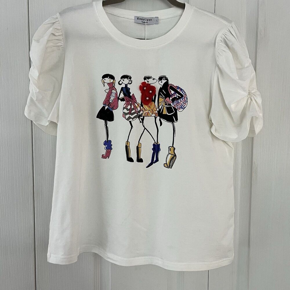 Everlynn Apparel  Puffed Sleeve  Size Large NWT Off White Embellished Round Neck